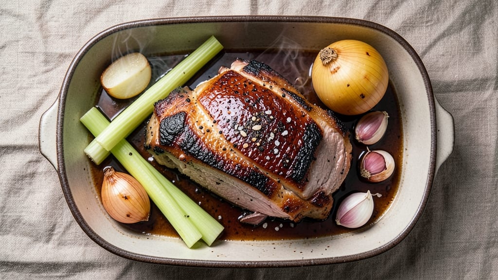 Boston Butt Pork Roast Pressure Cooker Recipe: Clockwork-Sear Crispy Celery Crowns Over Smoky Gravy