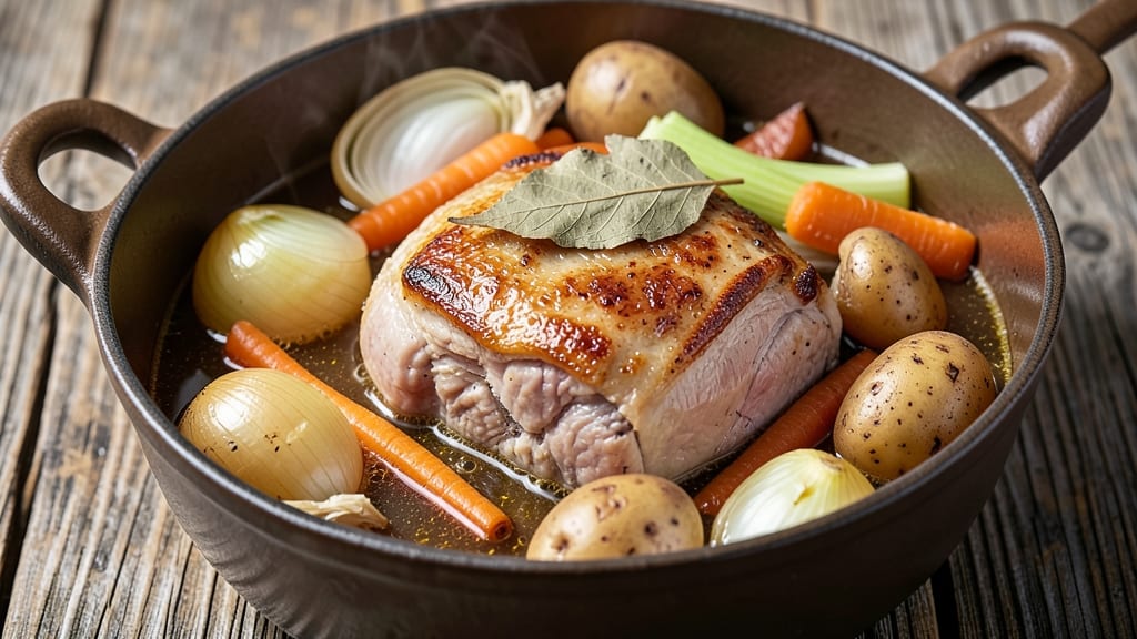 Boiled Dinner Recipe With Pork Shoulder: Celery Crown Crunch Over Savory Onion Gravy