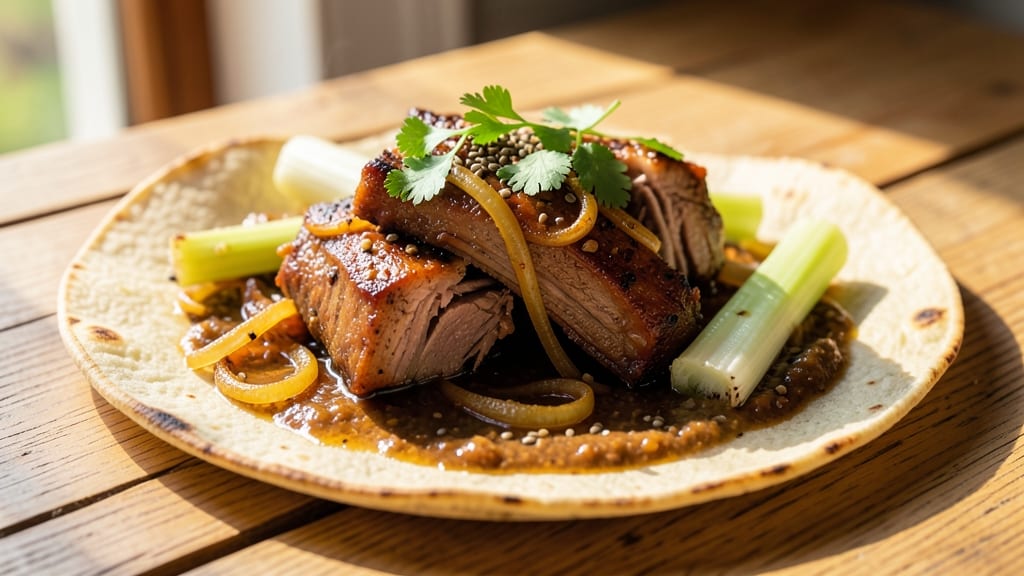 Braised Pork Tacos Recipe: Caramelized Shreds With Crispy Celery Crowns