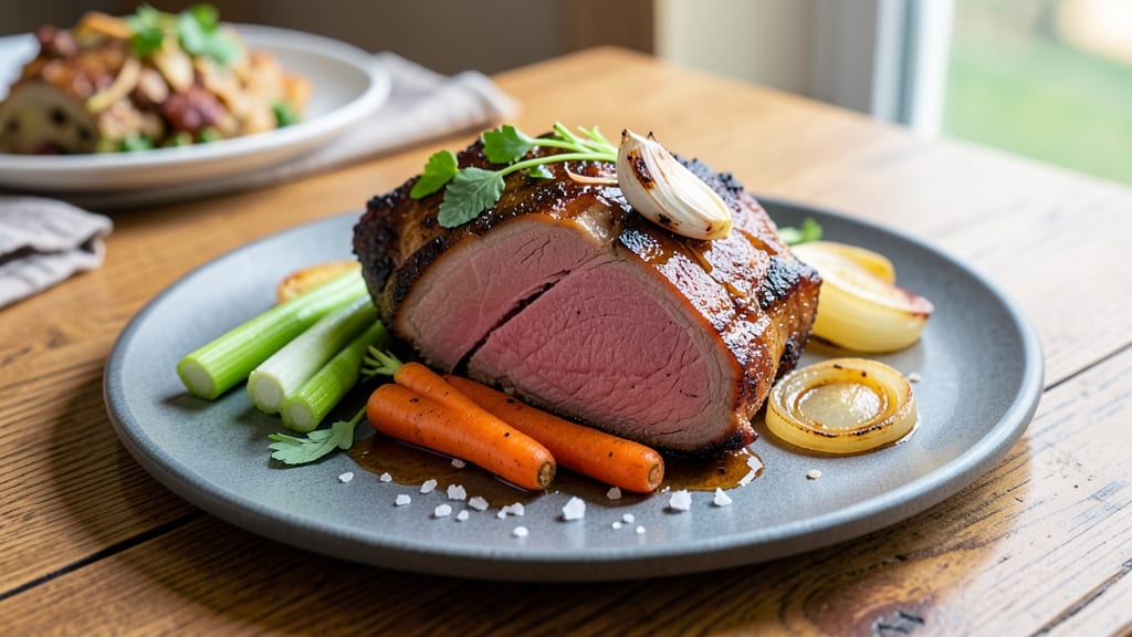 Bone-In Pork Sirloin End Roast Recipe: Celery Crown Crunch Over Garlic-Infused Gravy