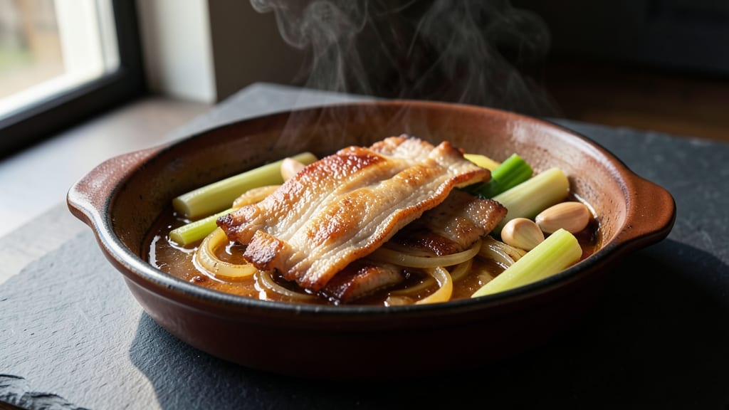 Braised Pork Skin Recipe: Crispy Celery Crowns Over Rich Onion Gravy