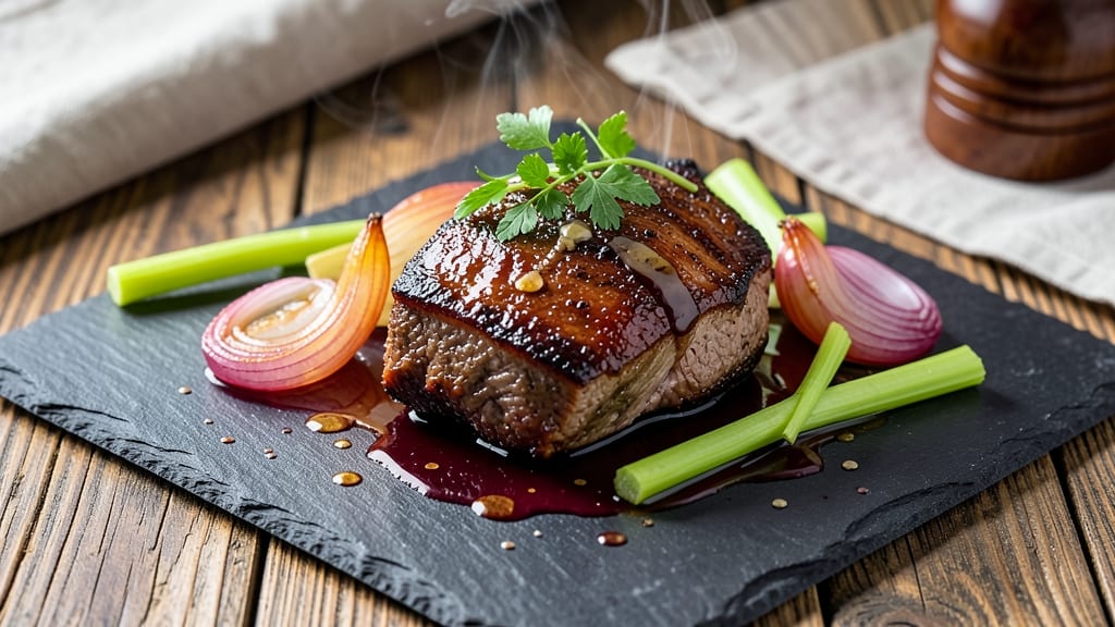 Braised Pork Shoulder Steak Recipe: Crispy Celery Crowns Over Smoky Onion Gravy
