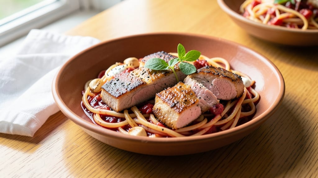Baked Pork Chop Spaghetti Recipe: Pan-Seared Crispness Meets Creamy Tomato Embrace