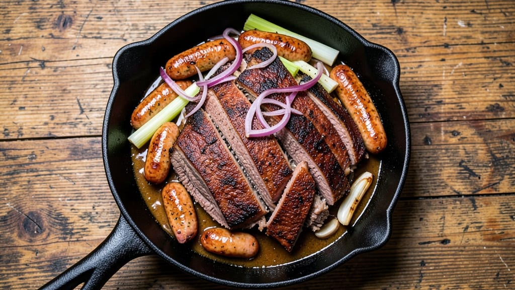 Brisket and Pork Sausage Recipe: Smoky-Spiced Shreds With Crispy Celery Crowns